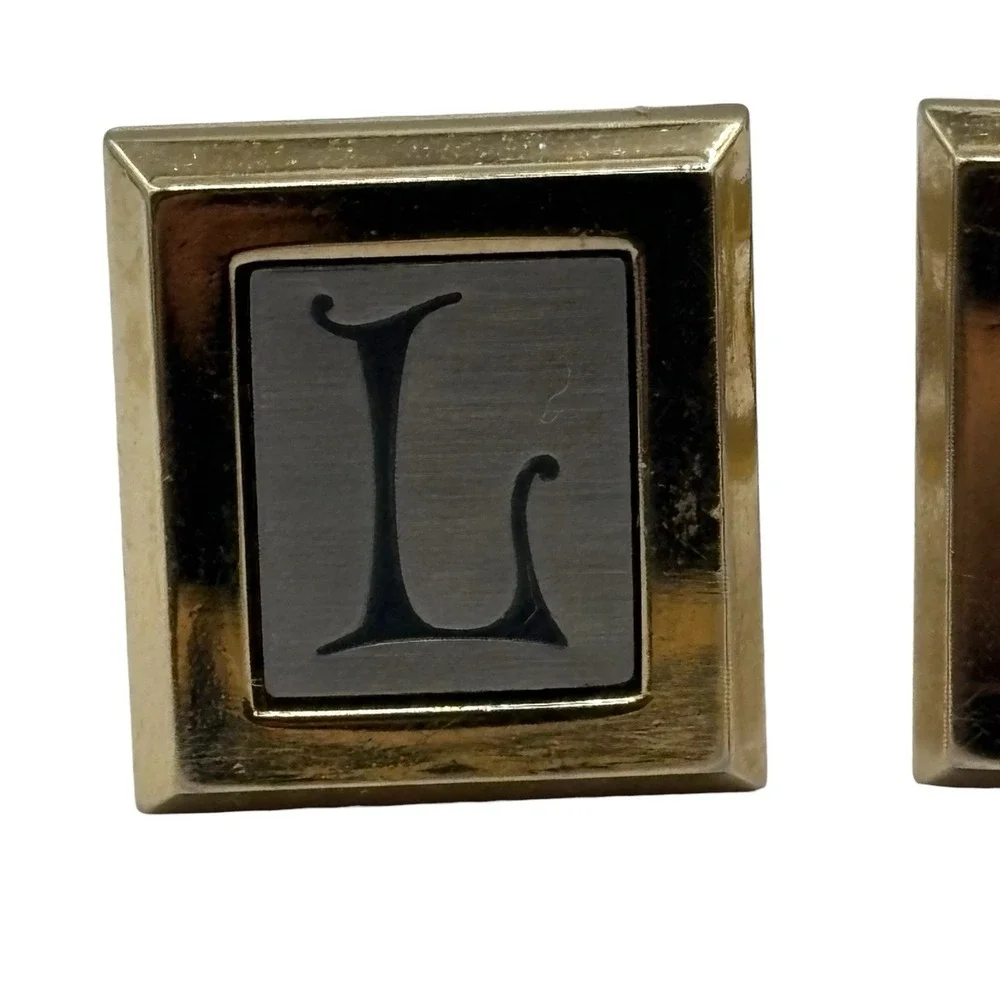 Initial L Monogram Hickok‎ USA Cufflinks Letter Vintage Two Tone Script Square